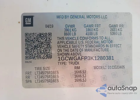 2019 Chevrolet Express 2500 Work Van z USA, uszkodzony, nr VIN 1GCWGAFP3K1280381